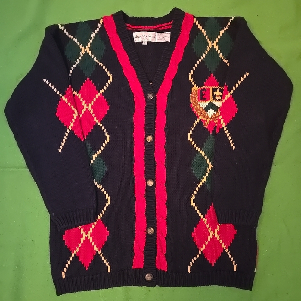 Vintage 80s Colorful The Eagle's Eye Argyle Cardigan Large with Crest